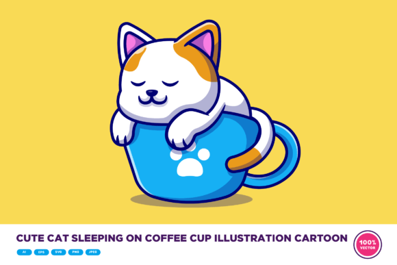 Cute Cat Sleeping on Coffee Cup Cartoon