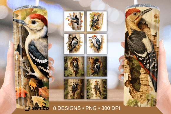 Watercolor Woodpecker Tumbler Wrap PNG